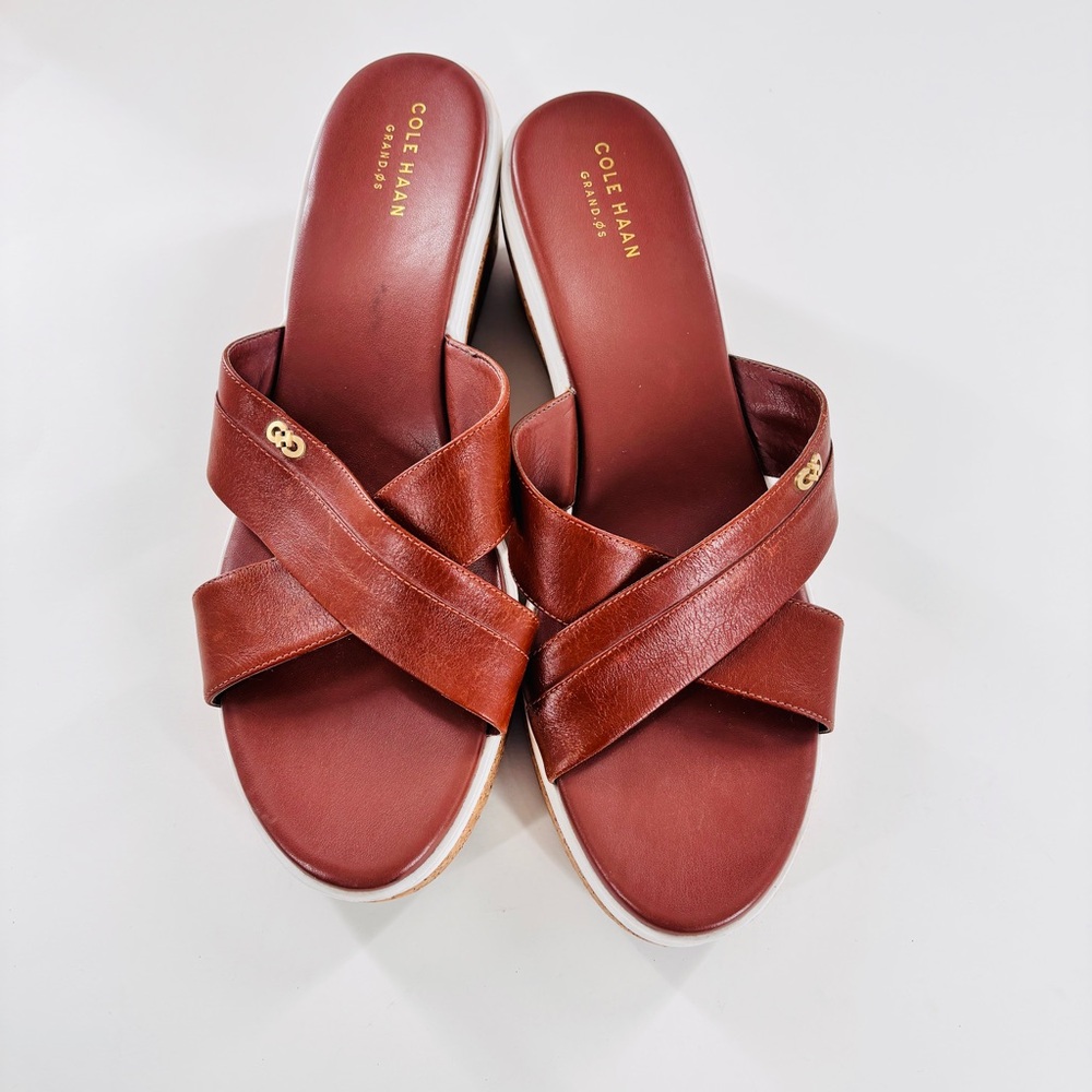Cole Haan Briella Grand Cork Wedge Leather Brown Slide Sandals Sz 11B